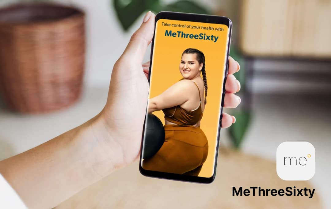 phone screen mockup showing MeThreeSixty interface